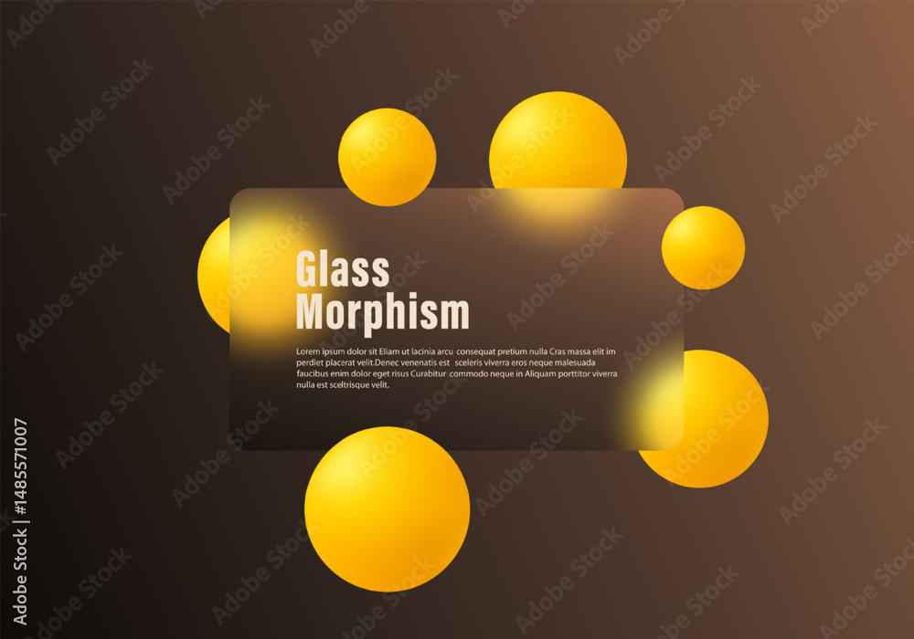 Poster glass morphism panel with soft blur effect on brown background and vivid yellow spheres, elegant mod