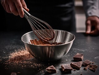 Chef pouring chocolate liquid into a stainless steel bowl with a metal whisk, surrounded by dark and milk chocolate pieces on the table, captured in a close-up shot with professional color grading. 