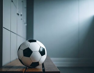 Soccer ball resting on a wooden bench in a locker room.  A minimalist image perfect for sports-themed projects or backgrounds.