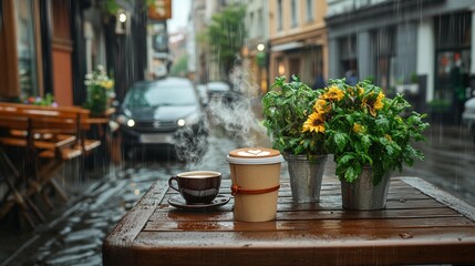 Rainy day cafe scene with coffee and flowers.  A steaming coffee cup and takeaway container sit on a wet wooden table outside a cafe, adorned with small potted flowers, in a rainy city street