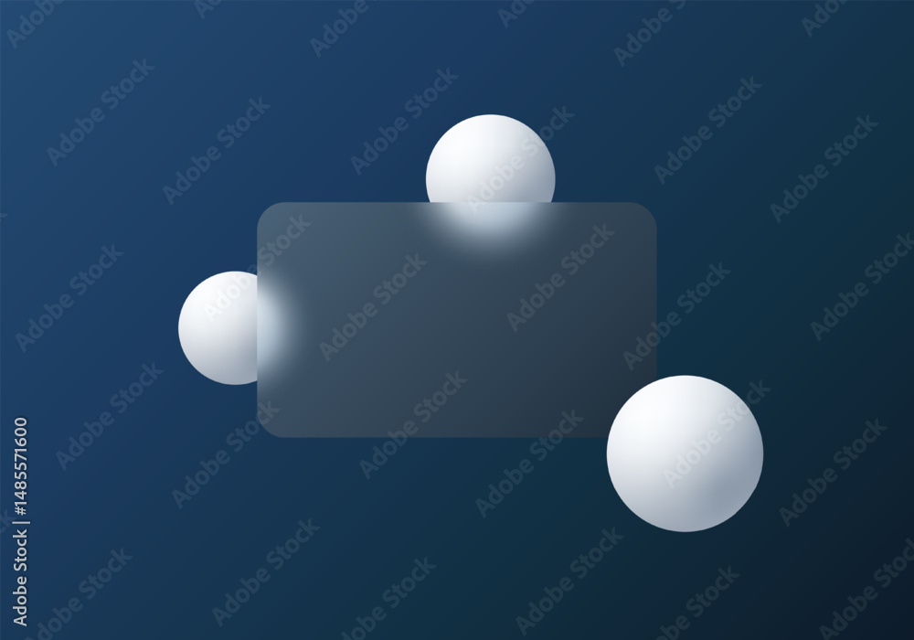 Poster glass morphism rectangle on dark blue background with white matte spheres, minimalist vector layout 