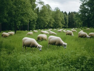 Fototapeta premium A flock of sheep grazes in a vibrant green field, surrounded by dense forest, creating a peaceful rural scene