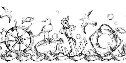 Ship steering wheel, lifebuoy, striped anchor, bottle of rum with seagull, flying seagulls, fish, fishing float, bubbles floating on water. Hand drawn watercolor illustration. Seamless border pattern. © NATASHA-CHU