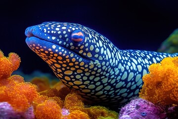 close-up of a colorful spotted moray eel swimming among vibrant orange and purple coral in deep blue ocean water