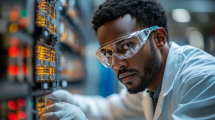 Engineer inspecting server hardware in data center with protective eyewear on.