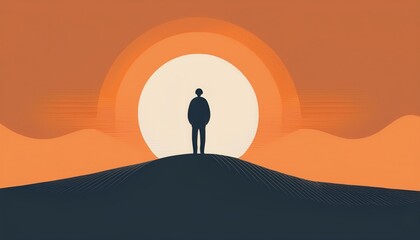 simple abstract vector illustration of a silhouette of person on hilltop at sunset