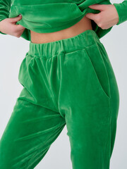 Stylish green loungewear set showcases comfort and casual fashion on a model