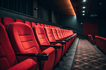 row of red seats in theather or cinema, dark room background