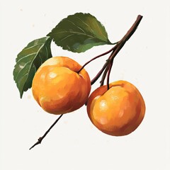 Two ripe, orange-yellow plums on a branch with leaves