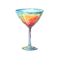 Watercolor illustration of a vibrant summer cocktail in a tall glass. Multicolored drink with gradient tones, perfect for bar menu design, tropical parties, mixology visuals, and beverage decor.