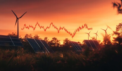 Declining renewable energy investments at sunset. Solar panels and wind turbines in a field with a downward trend chart overlayed