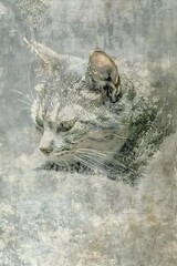 A serene cat, with its gray and white fur and prominent whiskers, sits tranquilly, its gaze focused on something in the distance, amidst a textured gray background.