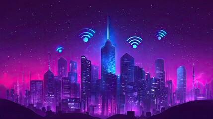 Naklejka premium Connected metropolis beneath starry skies, bathed in neon luminance