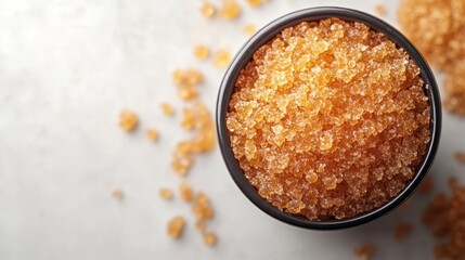 Close-up of raw brown sugar crystals in black bowl on white table surface.