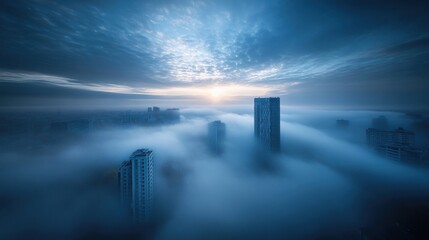 Urban skyline emerging from fog: A city shrouded in mystery and atmospheric view
