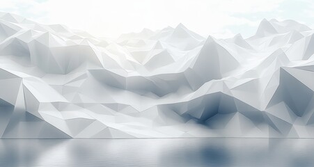 Abstract low-poly mountain landscape with geometric peaks and a reflective calm body of water under a soft cloudy sky