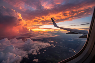Naklejka premium view from airplane window to sunset