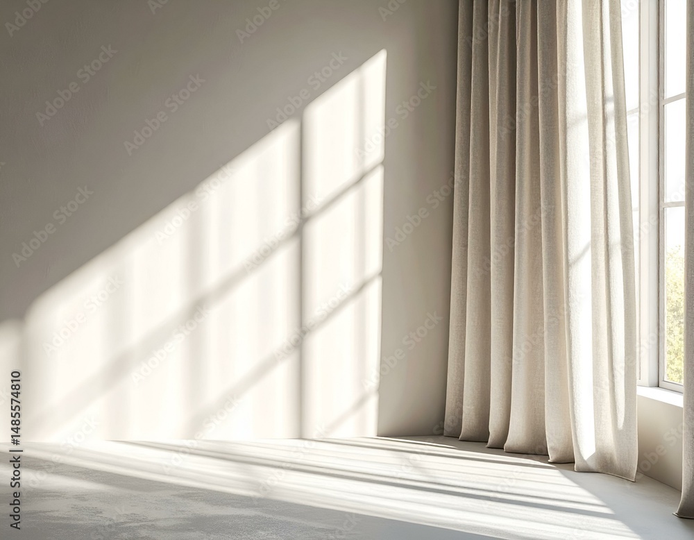 Poster sunlit minimalist room interior with beige curtains and window shadow. perfect for showcasing produc