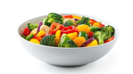 A white bowl filled with colorful vegetables, including broccoli florets, red and yellow bell peppers, and diced onions, all arranged in a visually appealing manner