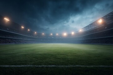 Dramatic Night Stadium Scene: Empty Football Field Under Stormy Sky with Bright Lights