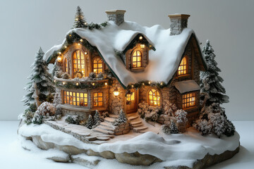 Fototapeta premium Small house with lights in snow.