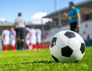 Fototapeta premium Soccer ball on green grass with blurred background of young soccer players and referee.