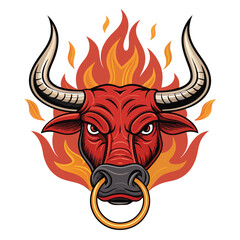 Fiery bull head, red brow engulfed in flames, a ring piercing its nose.  Detailed rendering, dramatic lighting.