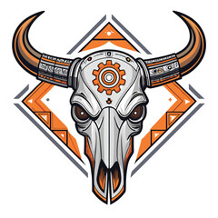 Steampunk bull skull with intricately designed mechanical horns and graffiti-covered eye sockets, set against a dark background.