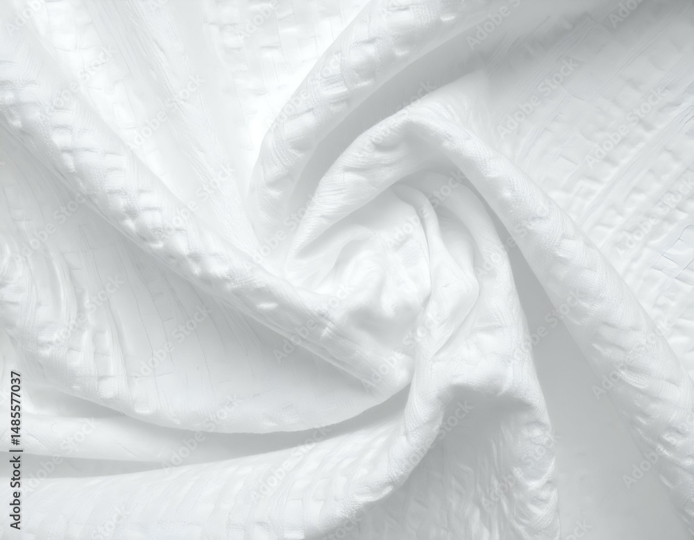 Poster close-up of elegant white fabric with textured surface, softly draped and creating elegant folds. pe