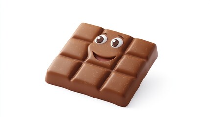 A single chocolate bar with a smiling face, large eyes, and a slightly tilted perspective, isolated on a white background