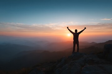 Man Triumphantly Stands on Mountain Peak at Sunset Achieving Success Overcoming Challenges