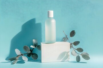 Plastic Bottle of a Beauty Product on a Soft Blue Background