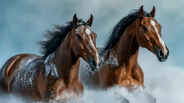 Majestic Chestnut Horses Running Through a Snowstorm