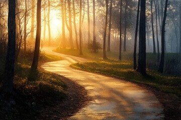 Obraz premium Curving forest path illuminated by warm sunlight filtering through tall trees in a peaceful early morning setting