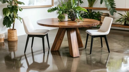 Round wooden dining table with two cream chairs in a modern, plant-filled dining room