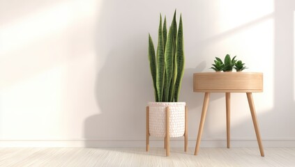 Elegant Wooden Side Table with Potted Plants in Modern Interior Setting, Featuring Snake Plant and Succulents Against White Wall