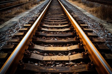 Fototapeta premium Railway Tracks Perspective Scenic Railroad Journey Travel Transportation iron wood path train metal 
