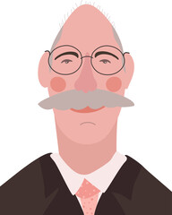 Stylized portrait of a bald man with a huge moustache and glasses