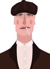 Stylized portrait of a brutal man in a cap with a cigarette in his mouth
