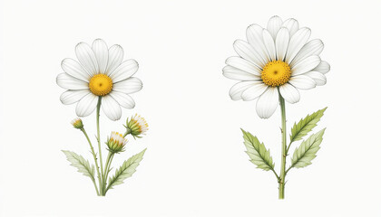 Elegant Daisies Botanical Illustration  White Flowers  Green Leaves  Floral Design  Nature