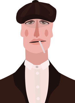 Stylized portrait of a brutal man in a cap with a cigarette in his mouth