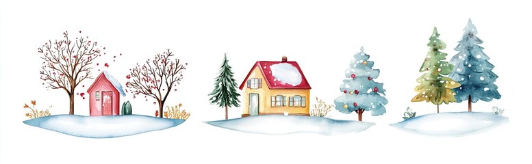 Fototapeta premium Watercolor Winter Village Scene (2)