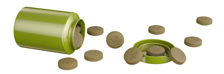 Cannabidiol tablets isolated on a transparent background. Brown CBD pills spilling from an open medicine bottle. Medical drug design. 3D illustration.