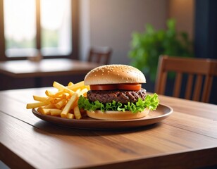 French Fries with Burger on Wooden Table Generative AI