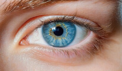 Close-up of a blue eye with detailed iris texture surrounded by natural skin and fine eyelashes under natural lighting