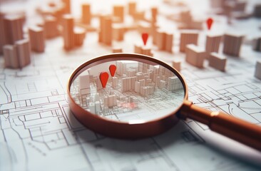 Focused urban planning.  Detailed city model, magnified through a lens, highlighting specific locations on a blueprint