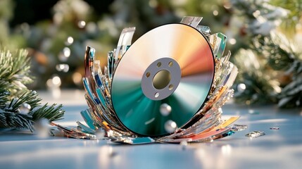 Shattered CD amidst festive decorations.  Colorful disc fragments splatter around a central, broken disc, nestled amongst pine sprigs and glittering details