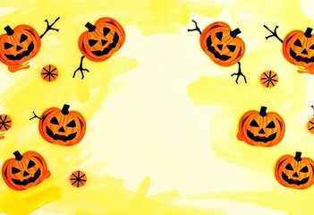 Yellow & orange painted Halloween pattern on a duotone yellow-white background Flat lay greeting card design,  holiday background, festive
