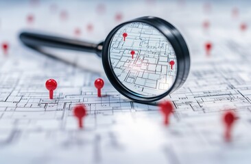 Architectural blueprint magnified with markers