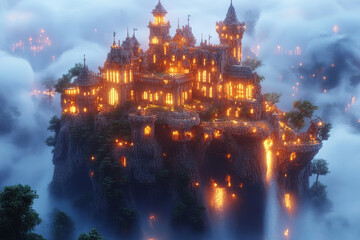 Castle in clouds with lights.